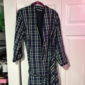 Blue/green plaid A line cotton button up belted dress w pockets